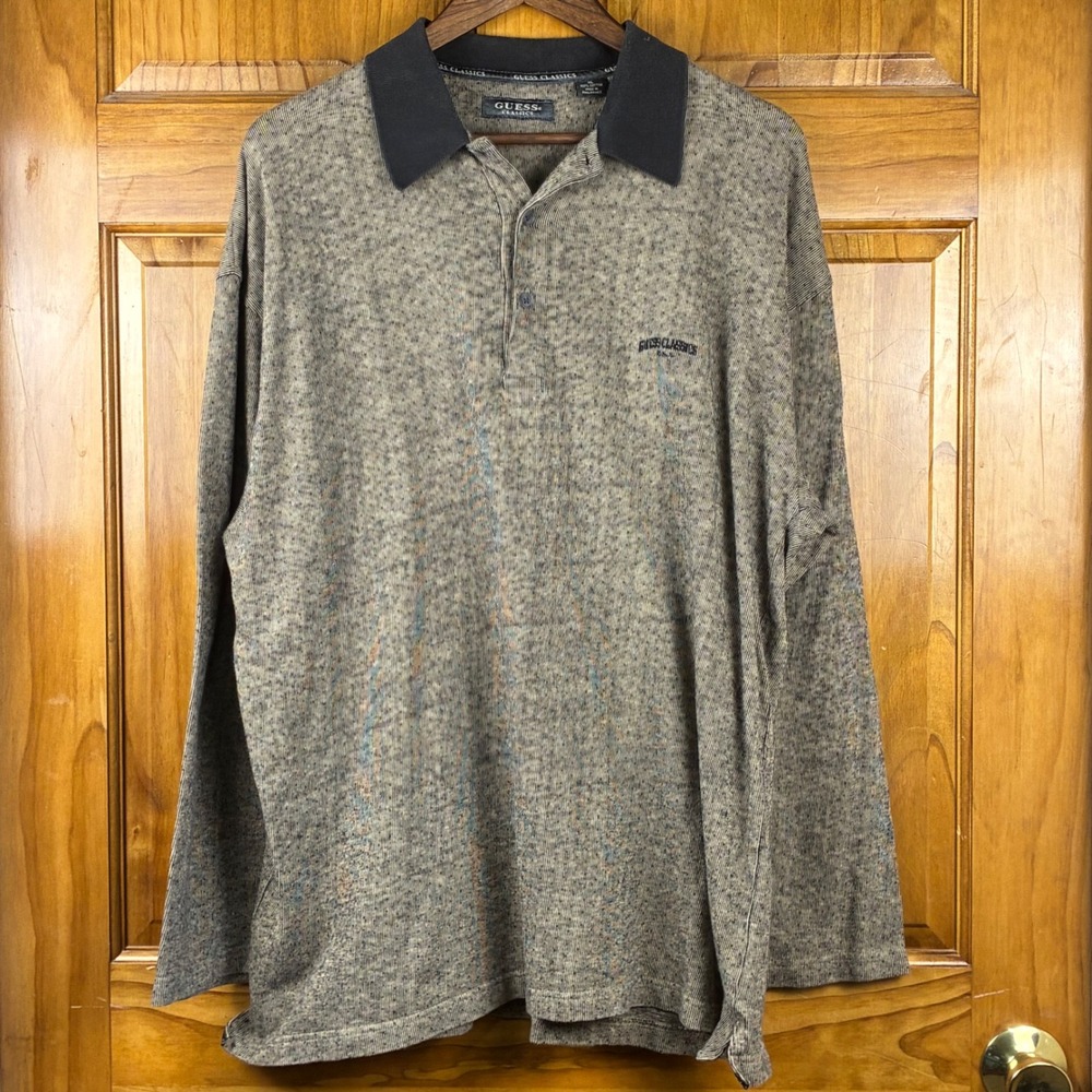 VTG Guess Classics Mens XL Long Sleeve Polo Shirt Textured Knit Tan Grandpacore